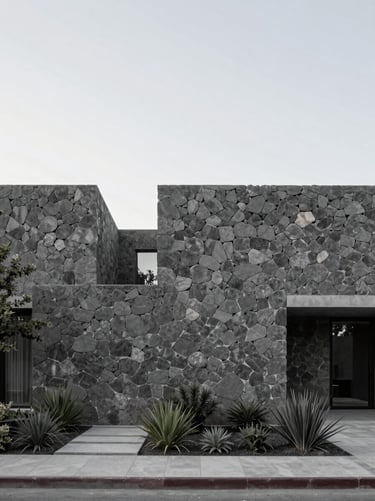 Contemporary residential architecture in San Angel, volcanic stone facade, minimalist garden, soft overcast daylight