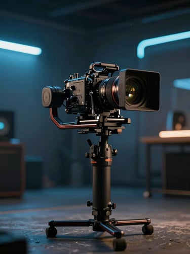 Behind-the-scenes of a commercial shoot, high-end camera rig on a stabilizer, moody studio lighting with neon blue backlights