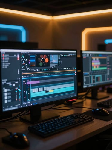 High-contrast shot of an active video editing bay, glowing monitors with timeline tracks, neon amber ambient glow, cinematic depth of field