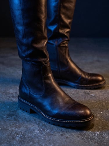 Dynamic close-up of premium leather boots on a dark concrete floor, neon blue studio lighting, high-contrast, sharp focus, 35mm lens