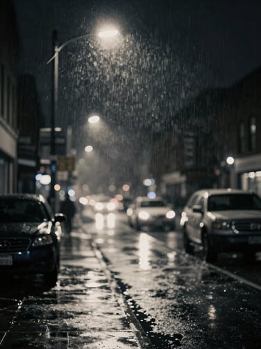 An atmospheric, out-of-focus shot of street lights in a rainy North American city at night. Cinematic bokeh in shades of gray and off-white against a deep black background.