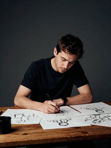 An independent designer focusing intently on sketching at a wooden desk, soft ambient studio light, environmental portrait.