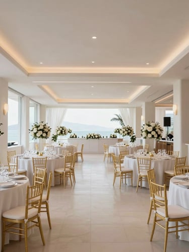 A wide-angle interior shot of a luxury event space in Bodrum during a celebration, bright and airy, minimalist decor with off-white and gold accents, high resolution, capturing the immersive 360 environment feel.