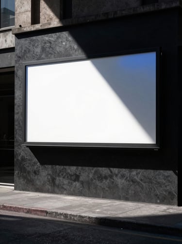 Wide cinematic 35mm shot of a minimalist billboard on a concrete urban building under direct harsh sunlight, deep black shadows.