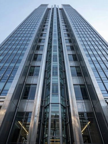 Wide-angle architectural photograph of a modern commercial skyscraper lobby with a central glass elevator core, cool daylight, high-contrast steel textures.