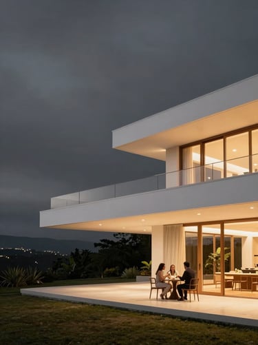 A wide-angle landscape architectural photograph of a luxury villa at night. The building is a series of pure white floating planes illuminated from within by warm light, contrasted against a deep charcoal grey sky. A professional couple is seen dining on the terrace, capturing a South American / Brazilian evening.