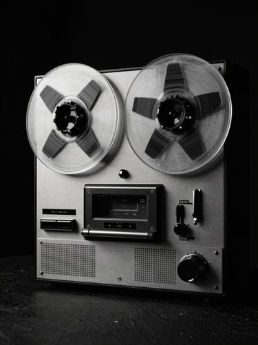 Vintage reel-to-reel tape recorder in a dark studio, high-contrast dramatic lighting, deep blacks and metallic silver highlights