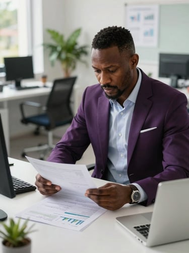 A professional Jamaican man consultant reviewing financial spreadsheets in a modern, sunlit Kingston workspace, sharp focus, editorial photography.