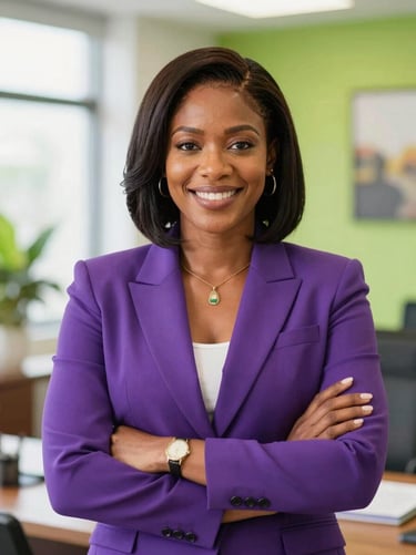 A professional Jamaican woman consultant in a bright Kingston office, wearing a structured purple blazer, smiling confidently, 35mm lens, sharp focus.
