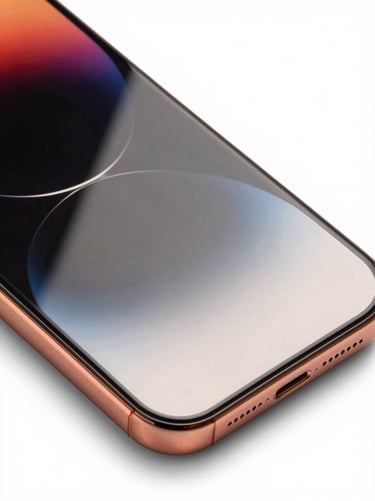 Crisp product photography of a polished smartphone back glass reflecting clean studio lighting, high-contrast black and orange accents, sharp macro details, 35mm