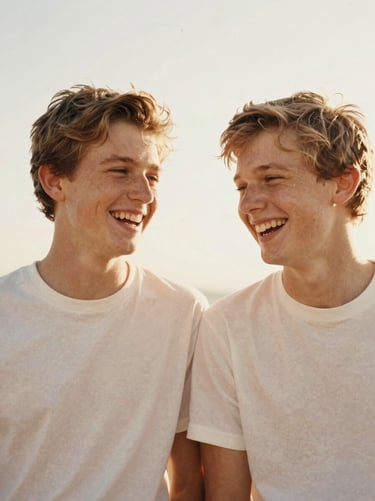 Candid portrait of two brothers laughing outdoors, soft natural light, warm cream tones, vintage aesthetic