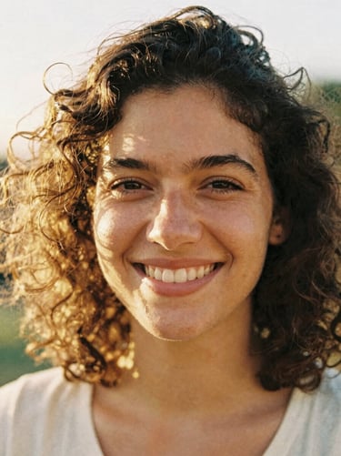 Close-up portrait of a smiling woman with curly hair, warm golden-hour sunlight, soft focus, 35mm film grain