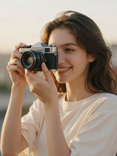 Candid portrait of a woman holding a vintage camera, smiling, soft golden hour light