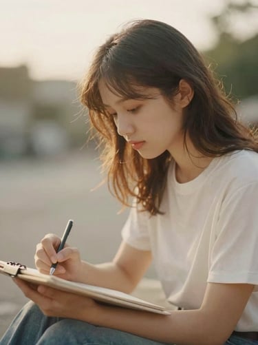 Intimate portrait of an artist sketching outdoors, soft incandescent light, nostalgic atmosphere