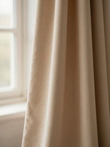 Close-up of premium, soft textured sand-colored crepe fabric draped elegantly under warm, diffused window light, shallow depth of field