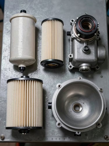 Extreme close-up overhead shot of four industrial air compressor filter types arranged flat on a grey steel surface under studio strobes — oil separator cartridge, pleated intake filter, inline filter housing, and coalescing bowl — threading and seals in sharp focus, dimensional scale visible
