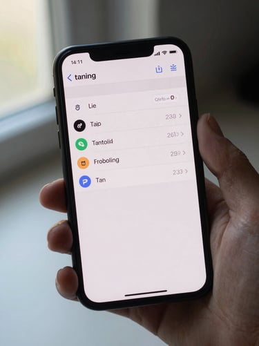 Close-up of an Android phone screen in a hand, showing a clean task-list utility app UI at actual resolution, natural window light from the left, plain desk surface visible