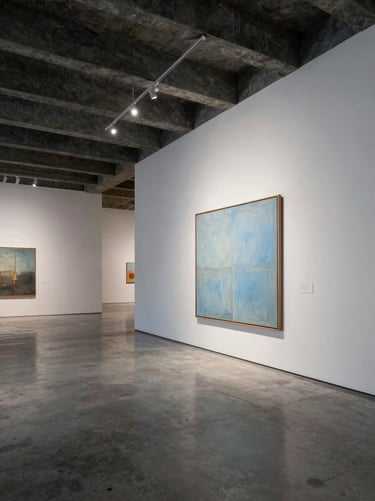 An wide-angle shot of a modern art gallery interior, polished concrete floors, dark slate accents on the ceiling, one single large painting with pale blue tones on the main wall, sophisticated Latinoamericano / Español architectural style.