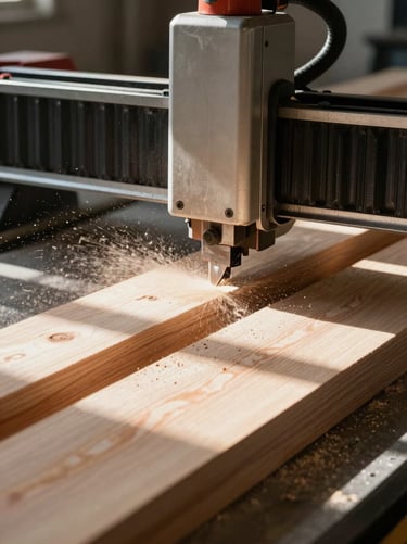 High-contrast shot of raw timber being cut by a precise CNC machine, sawdust particles catching natural side-light.