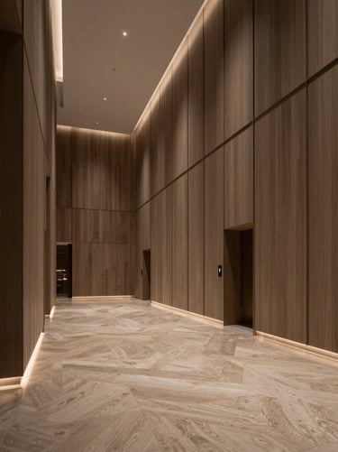 Wide architectural shot of a luxury hotel lobby featuring custom timber wall panels and integrated ambient lighting.