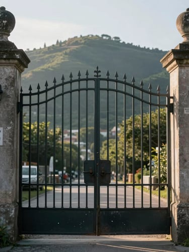 Symmetrical architectural shot of a closed heavy iron estate gate in a foothill setting, highlighted by crisp morning daylight.
