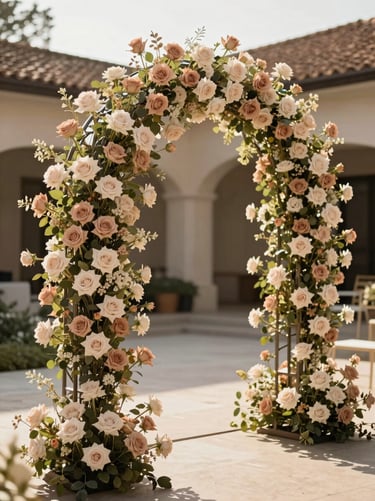 Stunning modern floral arch with structural branches and neutral-colored roses in a sunlit courtyard, shallow depth of field