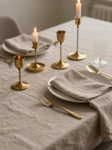 Elegant table setting with soft taupe linens and minimalist brass candle holders, natural light, warm editorial style