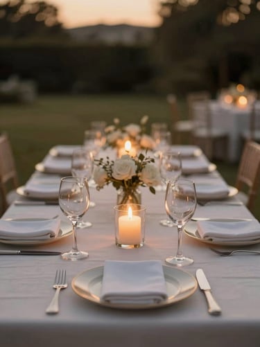 Soft warm candlelight illuminating a beautifully decorated outdoor dinner table at dusk, romantic and sophisticated atmosphere