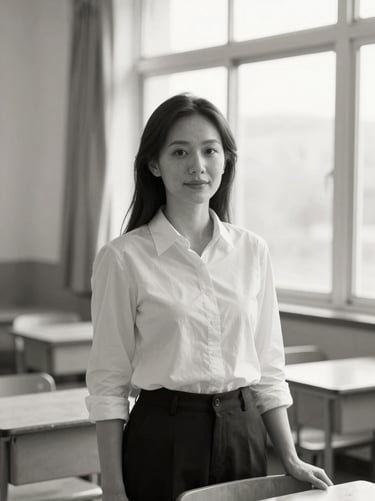 Black and white environmental portrait of a female teacher in a sunlit classroom, warm natural light, shallow depth of field, 35mm