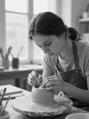 Black and white close-up of a female sculptor working with clay in her bright studio, soft window light, shallow depth of field, 35mm