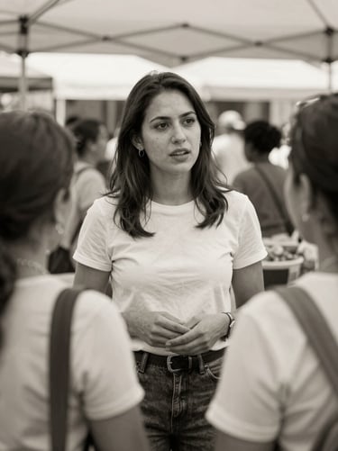Black and white portrait of a female community organizer speaking with women in an outdoor market, warm natural light, shallow depth of field, 35mm