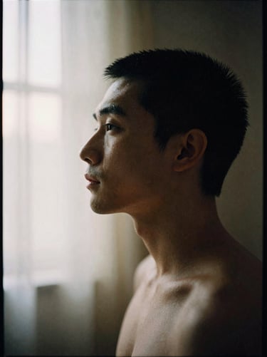 Classical medium-format film portrait of an artist in profile, soft chiaroscuro lighting, deep shadows, rich ivory tones