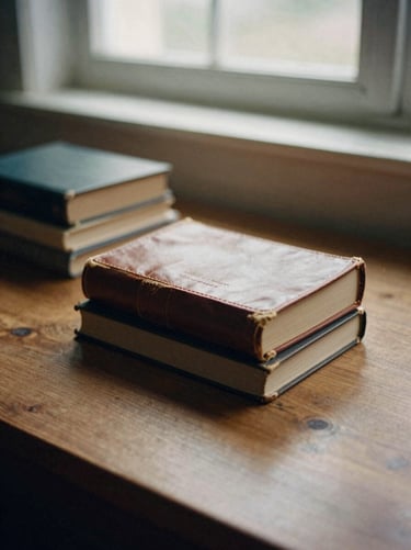 Still life film photography of worn leather books on a wooden table under soft window light, chiaroscuro