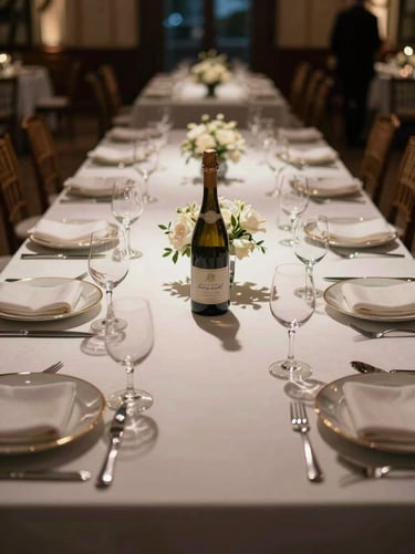 Cinematic detail of elegant table settings at a luxury wedding, warm ambient evening glow, shallow depth-of-field, 35mm