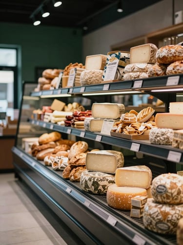 A modern food market aisle, artisanal cheese and fresh bread on display, warm indoor glow