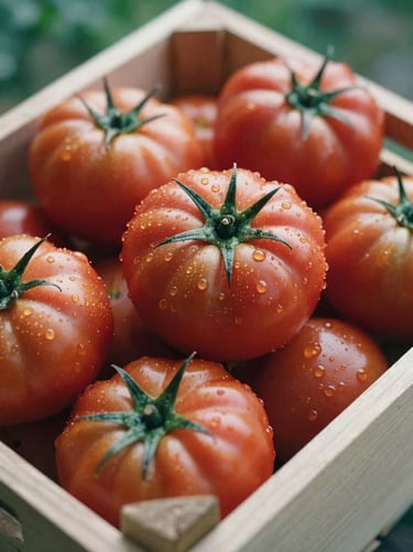 Close-up of freshly harvested heirloom tomatoes in a wooden crate, morning dew, soft natural light
