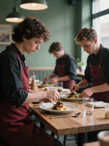 Cozy Scandinavian restaurant interior, chefs plating food with precision, soft natural light, shallow depth of field