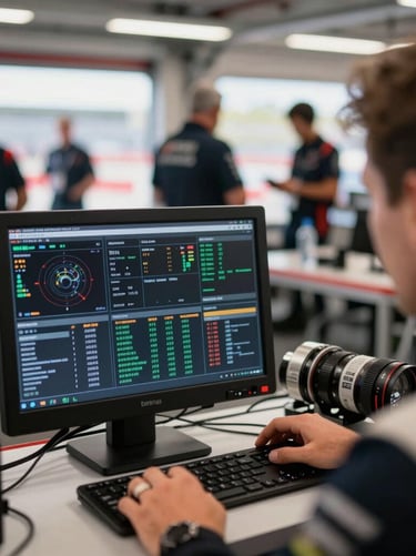 A candid photography shot from the paddock of a technical engineer at a North American / US race, focusing on a high-tech telemetry screen displaying complex data, shallow depth of field with the busy garage blurred in the background.