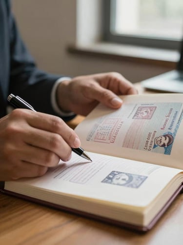 Close-up of hands turning pages in a passport, visa stamps visible, a pen resting on the document, warm ambient light from an office window, documentary tight framing, no faces