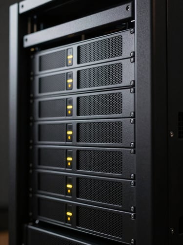 Extreme close-up of a high-end minimalist server rack with subtle yellow indicators in a dark studio, sharp focus, low-key lighting.