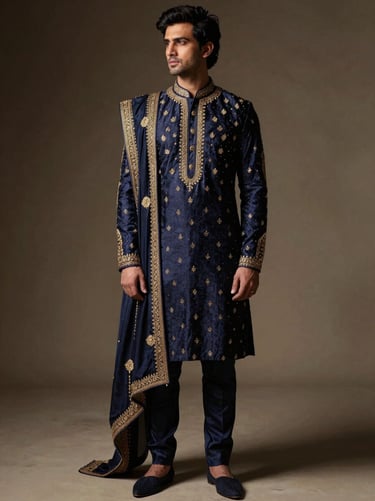 Groom in a hand-embroidered raw silk sherwani, gold thread details, dramatic low-key studio lighting.