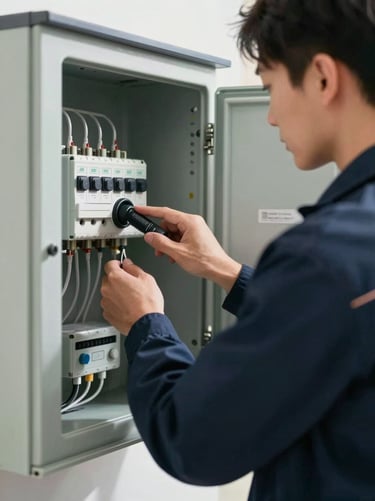 Close-up of a professional technician in a clean navy uniform inspecting a modern home utility panel, bright natural daylight.