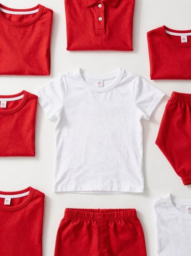 Clean flat-lay of children's organic cotton apparel in soft red and white tones, bright studio lighting