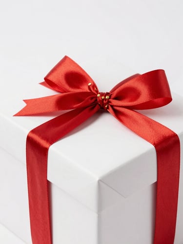 Beautifully wrapped luxury gift box with a crimson silk ribbon, elegant gold accents, professional studio lighting