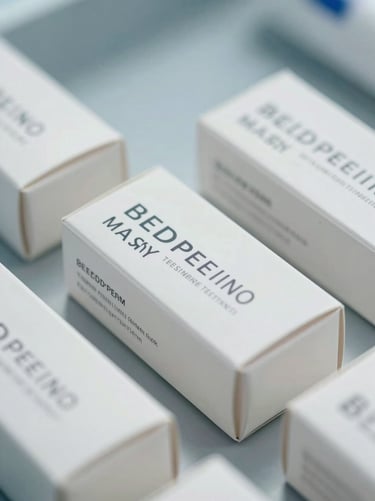 Macro shot of high-end pharmaceutical packaging, clean white boxes with precise minimalist typography, sterile clinical setting, cool daylight.