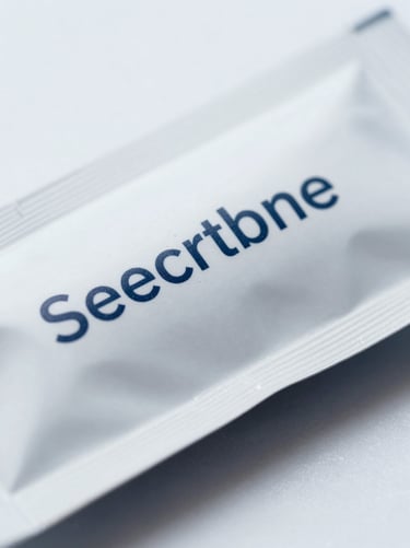 Extreme close-up of high-end pharmaceutical packaging with precise technical typography, sterile white background, cool clinical daylight with sharp clean shadows.