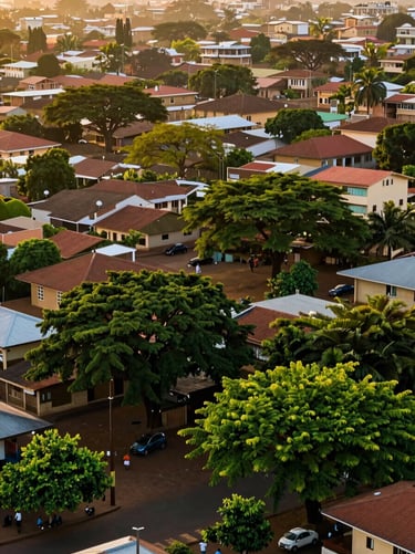 Vue aérienne épurée d'Antananarivo à l'heure dorée, lumière douce, tons chauds de terre et d'émeraude, style éditorial