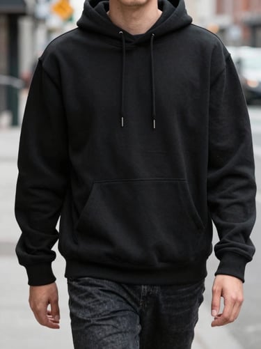 A close-up of a custom printed black hoodie worn by a person walking down a cool gray urban street in Montreal, crisp print detail, natural daylight