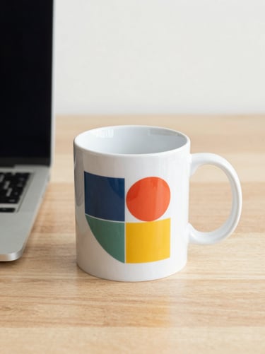 A custom printed ceramic mug on a wooden desk next to a laptop, soft morning light, sharp graphic details, clean aesthetic