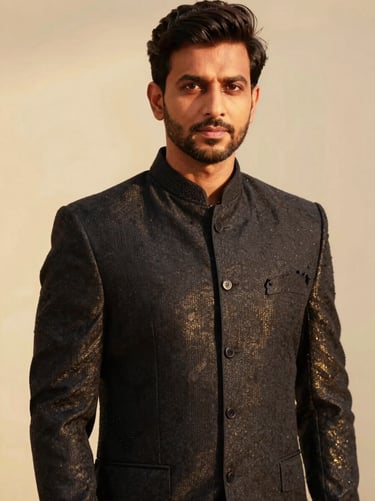 Crisp editorial studio portrait of an Indian man in a tailored charcoal bandhgala jacket with subtle gold detailing, warm lighting, 35mm